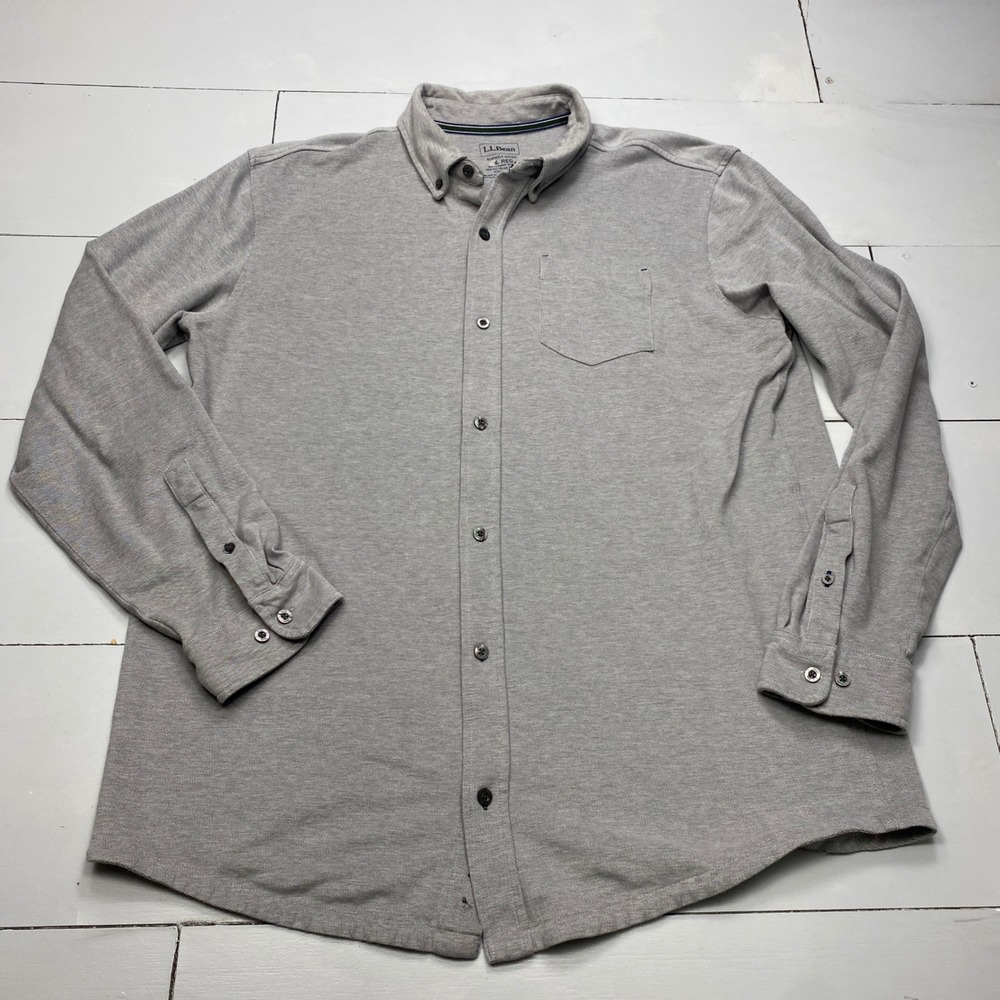 LL Bean Pique Knit Button Down Shirt Mens Large Gray Slightly Fitted Stretch